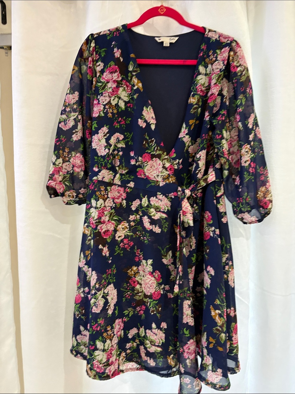 Yumi Navy Floral Wrap Dress with Tie Waist and Puff Sleeves